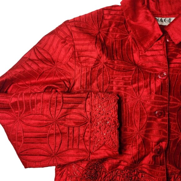 Vintage Anage Red Silk Jacket Topper Coat Boho Beaded Embroidered Blazer Medium - Picture 3 of 11